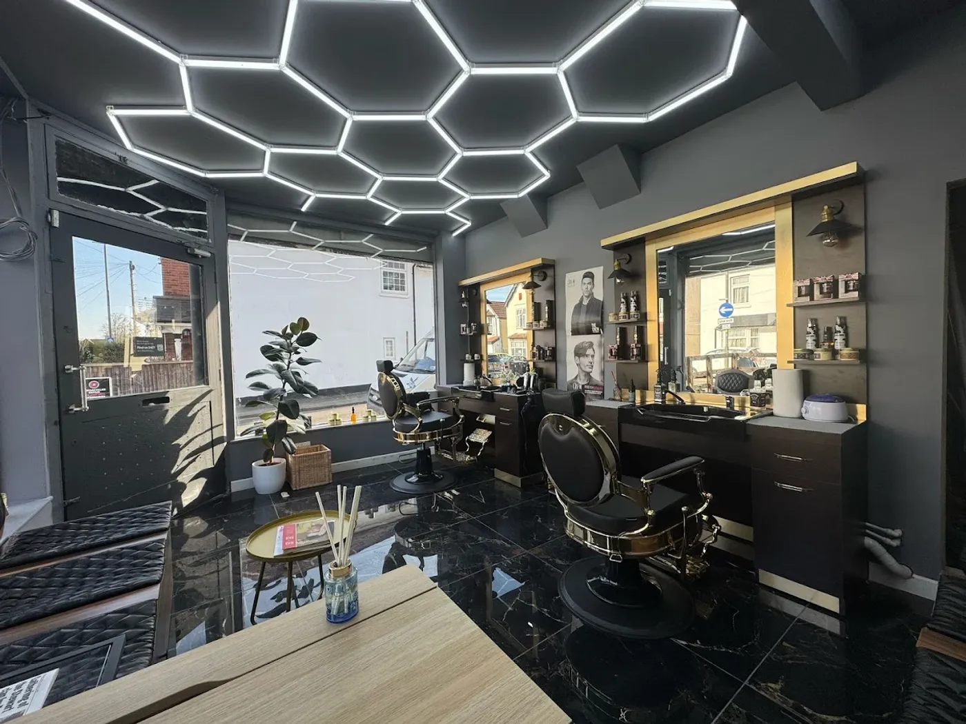Inside Epic Barber, the hexagon-lit shop floor at 31 Walton Road, Woking